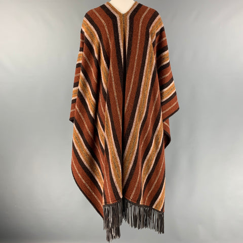 ETRO Capa Poncho con ribete de cuero a rayas de lana marrón tostado talla 4