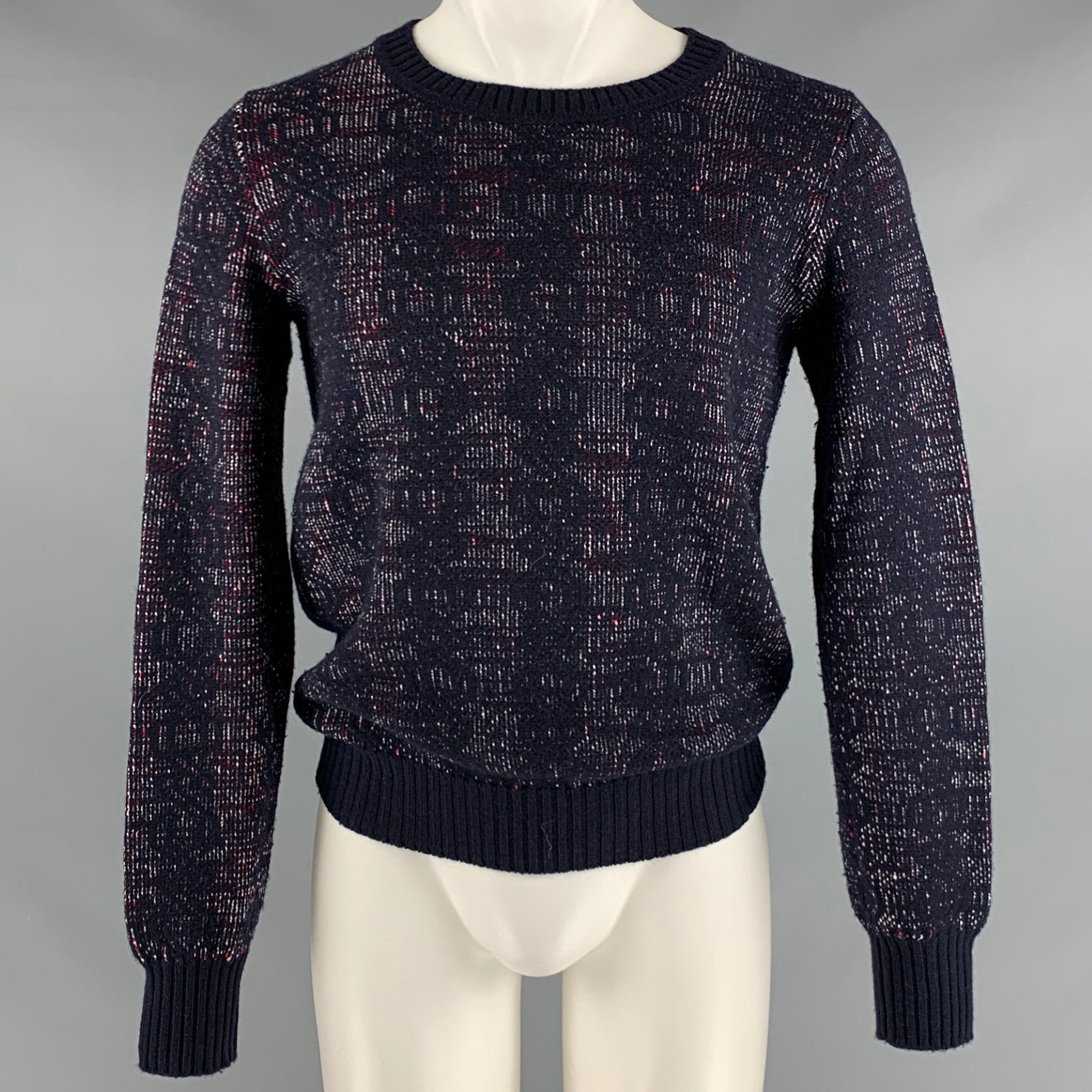 DRIES VAN NOTEN Size S Navy Red White Knit Wool Blend Crew-Neck Pullover