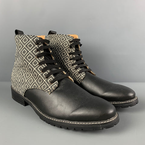 XICARU Size 12 Black White Mixed Materials Fabric Lace Up Boots