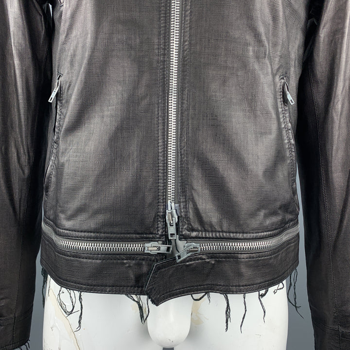 HAUTE Size 42 Black Leather Full Zip High Collar Zip Pockets Raw Hem Jacket
