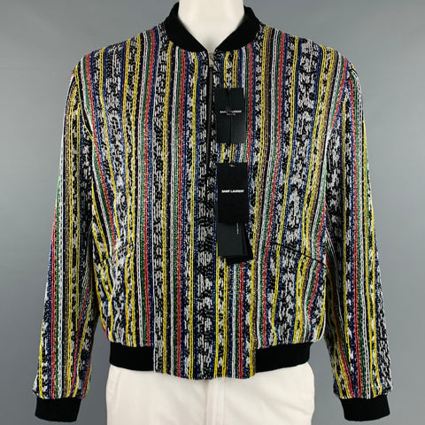 SAINT LAURENT Size 46 Black Multi-Color Beaded Bomber Jacket