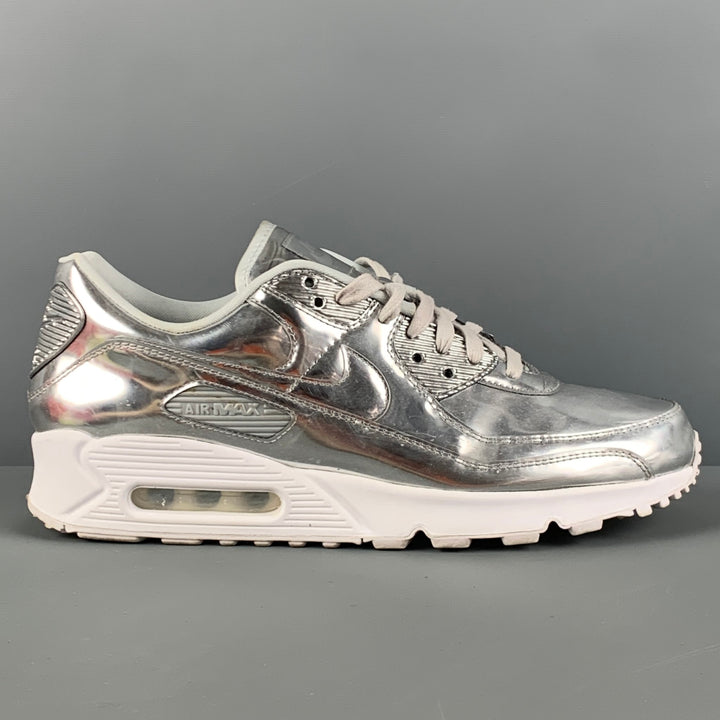 NIKE Air Max 90 Size 12 Silver Metallic Leather Lace Up Sneakers