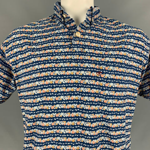 45rpm Size L Navy & Orange Floral Cotton Pop-Over Short Sleeve Shirt