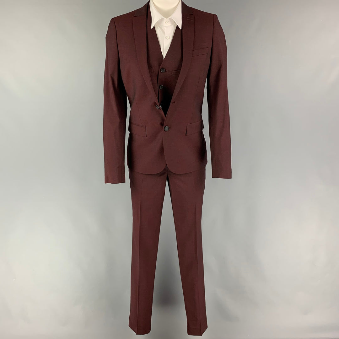 THE KOOPLES Size 34 Burgundy Wool Blend Notch Lapel 3 Piece Suit