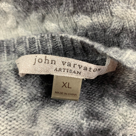 JOHN VARVATOS Size XL Grey Black Cable Knit Wool Cashmere Pullover