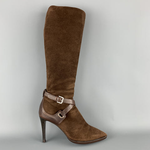 RALPH LAUREN Talla 7 Botas de becerro puntiagudas con correa en el tobillo de ante marrón