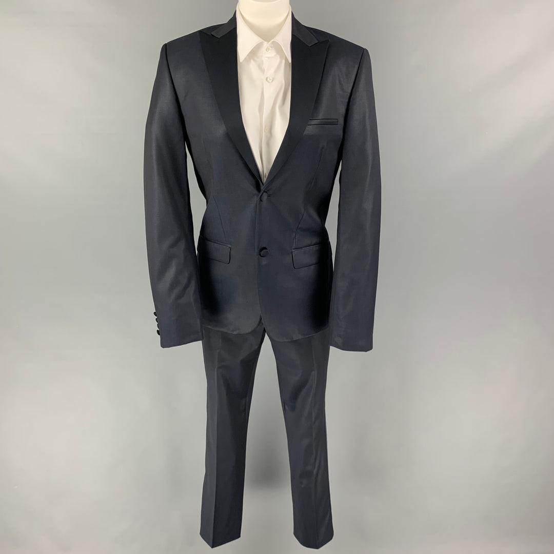 COLECCIÓN CALVIN KLEIN Talla 34 Traje de esmoquin con solapa de pico de lana negro azul marino