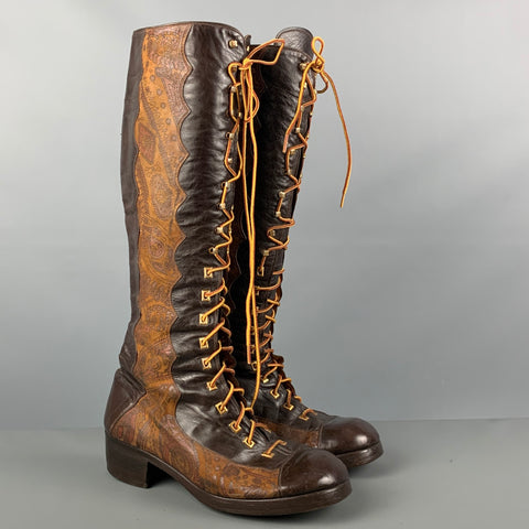 VINTAGE Taille 10 Bottes à lacets en cuirs mélangés marron beige