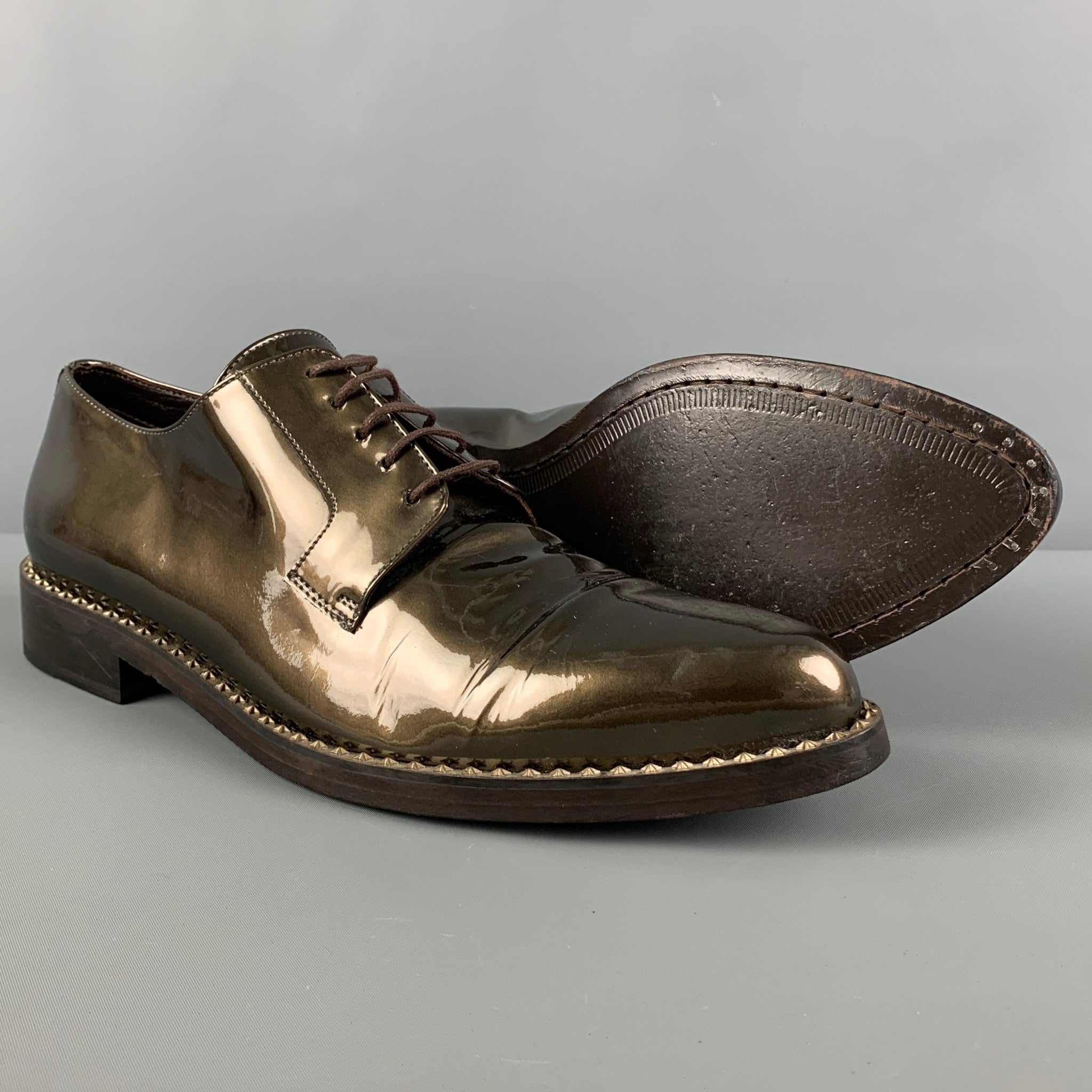 JIMMY CHOO Size 11 Gold Metallic Patent Leather Lace Up Shoes