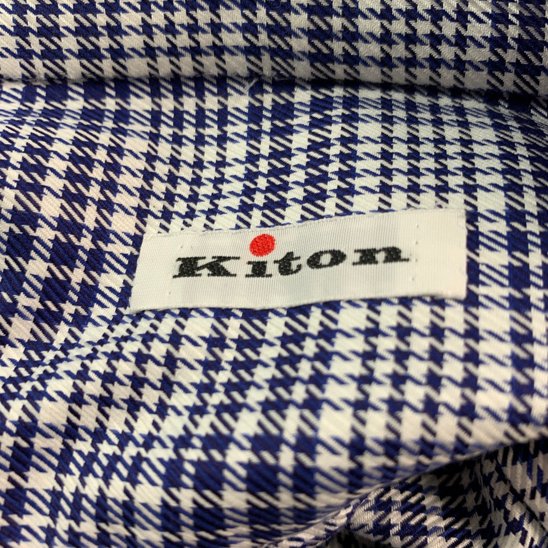 KITON Size XL Navy White Glenplaid Cotton Long Sleeve Shirt