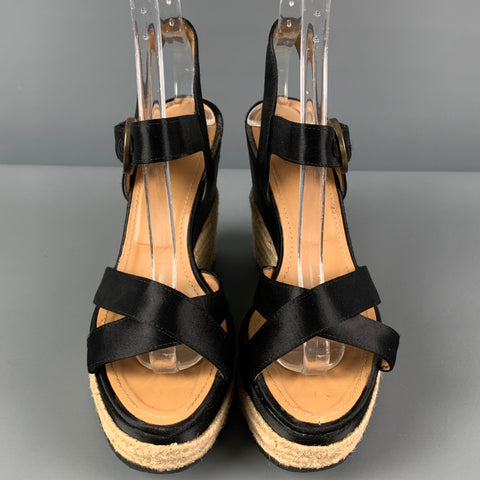 HOGAN Talla 6.5 Sandalias de cuña de alpargata de tela negra y beige