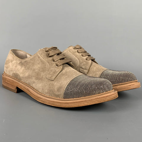 BRUNELLO CUCINELLI Talla 8.5 Zapatos con cordones de ante color topo y plateado