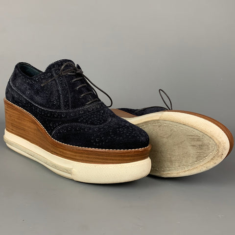 MIU MIU Size 8.5 Navy & Brown Suede Oxford Wedge Laces