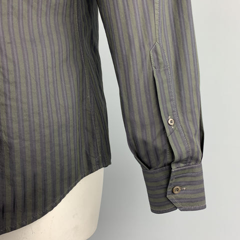 PRADA Size L Gray & Navy Stripe Cotton Button Up Long Sleeve Shirt