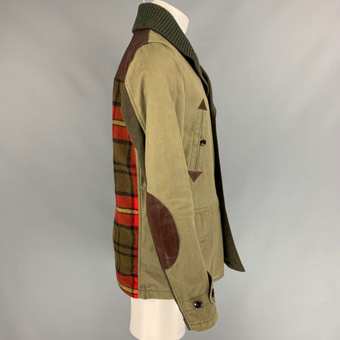 JUNYA WATANABE Size L Olive Mixed Materials Cotton / Hemp Double Breasted Coat