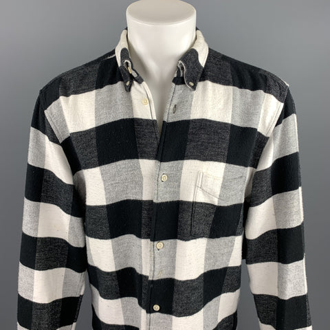 OUR LEGACY Size 40 Black & White Checkered Brushed Cotton Long Sleeve Shirt