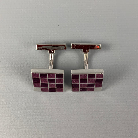 LOUIS VUITTON Burgundy Checkered Leather Enamel Damier Sterling Silver Cuff Links