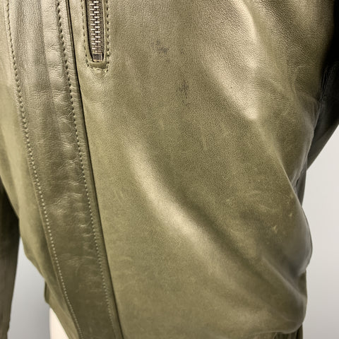 KRIS VAN ASSCHE Size S Olive Leather Pleated Zip Up Jacket