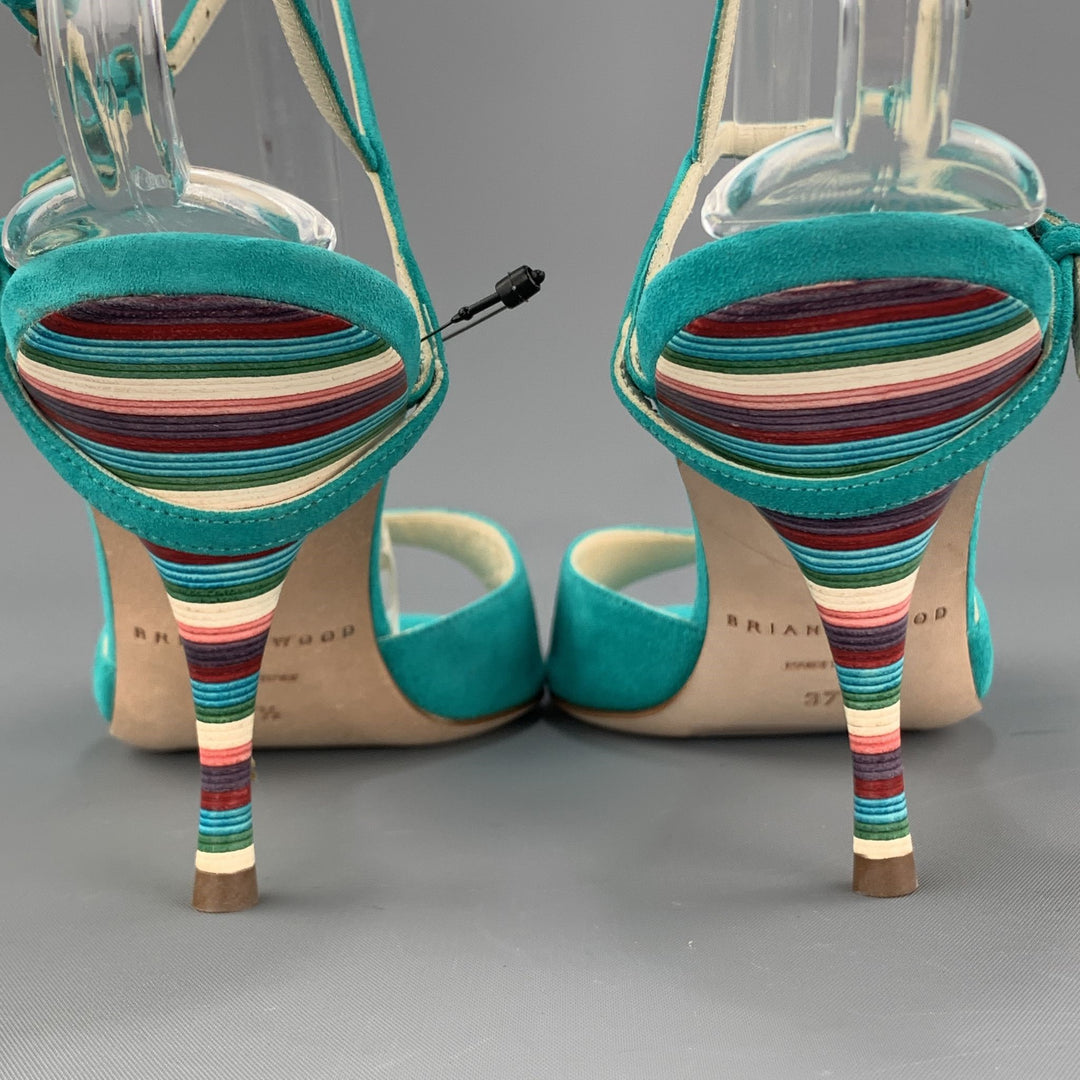 BRIAN ATWOOD 7.5 Turquoise Suede Rainbow Heel Peep Toe TRIXIE Sandals