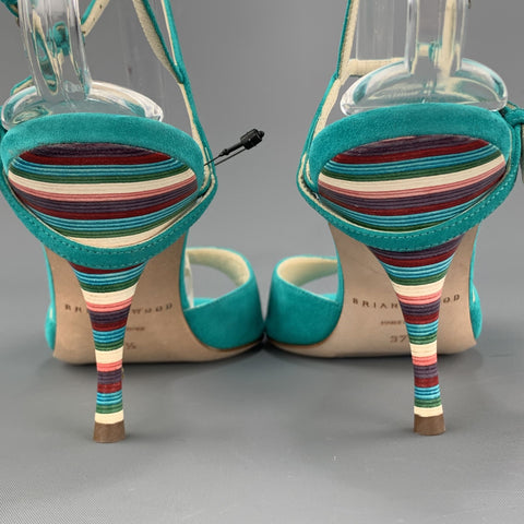 BRIAN ATWOOD 7.5 Sandalias TRIXIE de ante turquesa con tacón arcoíris y punta abierta