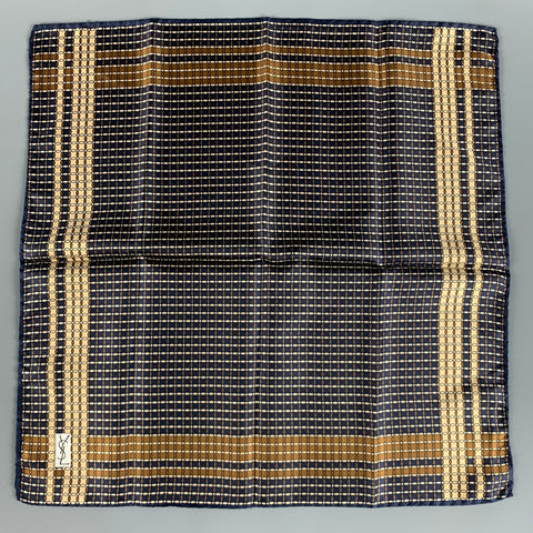 YVES SAINT LAURENT Navy Beige Squares Silk Pocket Square