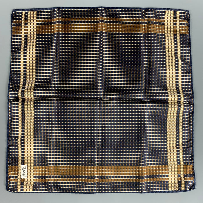 YVES SAINT LAURENT Navy Beige Squares Silk Pocket Square