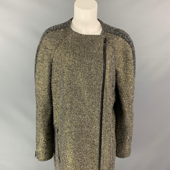 MONIQUE LHUILLIER Size 10 Grey & Gold Acrylic Blend Tweed Coat