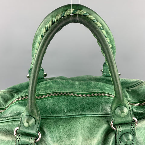 BALENCIAGA Distressed Green Leather Top Handles Handbag