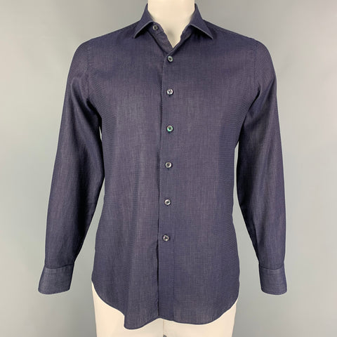 FINAMORE Size L Navy White Dots Cotton Button Up Long Sleeve Shirt