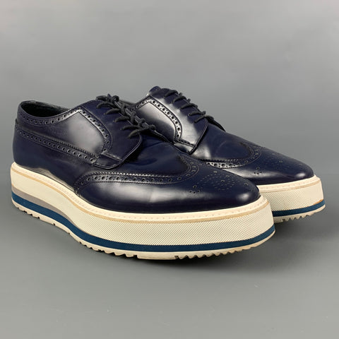 PRADA Size 10 Navy White Perforated Leather Platform Lace Up Shoes