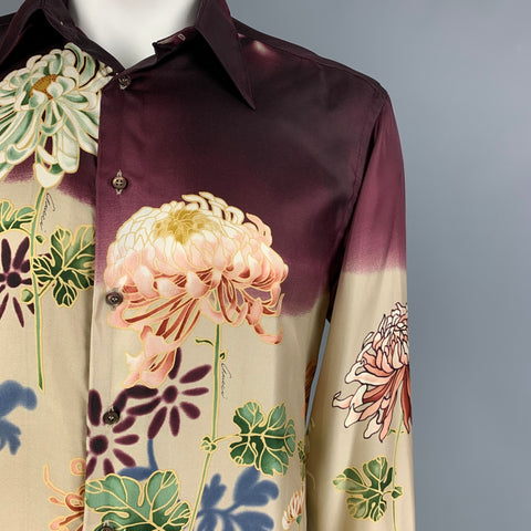 Vintage GUCCI by Tom Ford 2001 Size L Beige Floral Silk Button Up Long Sleeve Shirt