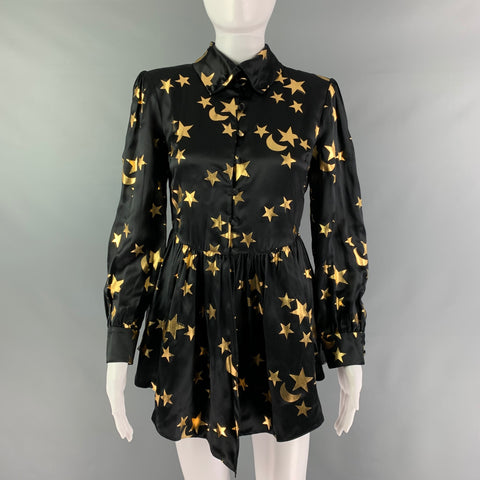 GUCCI Size 2 Black Gold Silk Stars Blouse