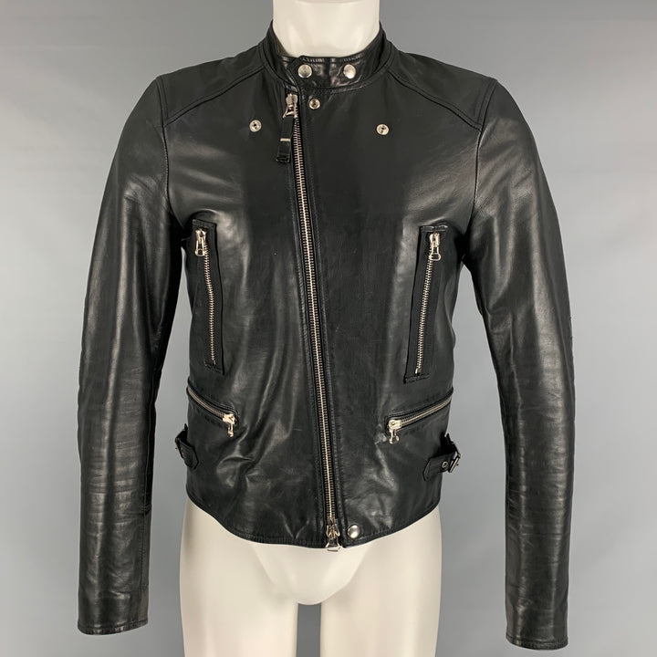 LANVIN Size 36 Black Solid Leather Biker Coat