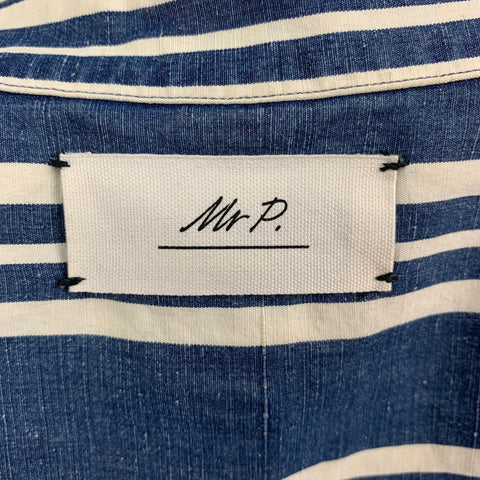 MR P. Size M Blue White Stripe Cotton Blend Short Sleeve Shirt