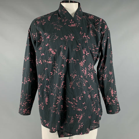 HAIDER ACKERMANN Size L Black Pink Cotton Floral Wrap Around Kimono Shirt