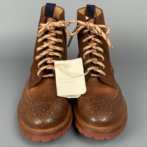 BRUNELLO CUCINELLI Taille 7 Bottes à bout d'aile en cuir suédé bicolore marron
