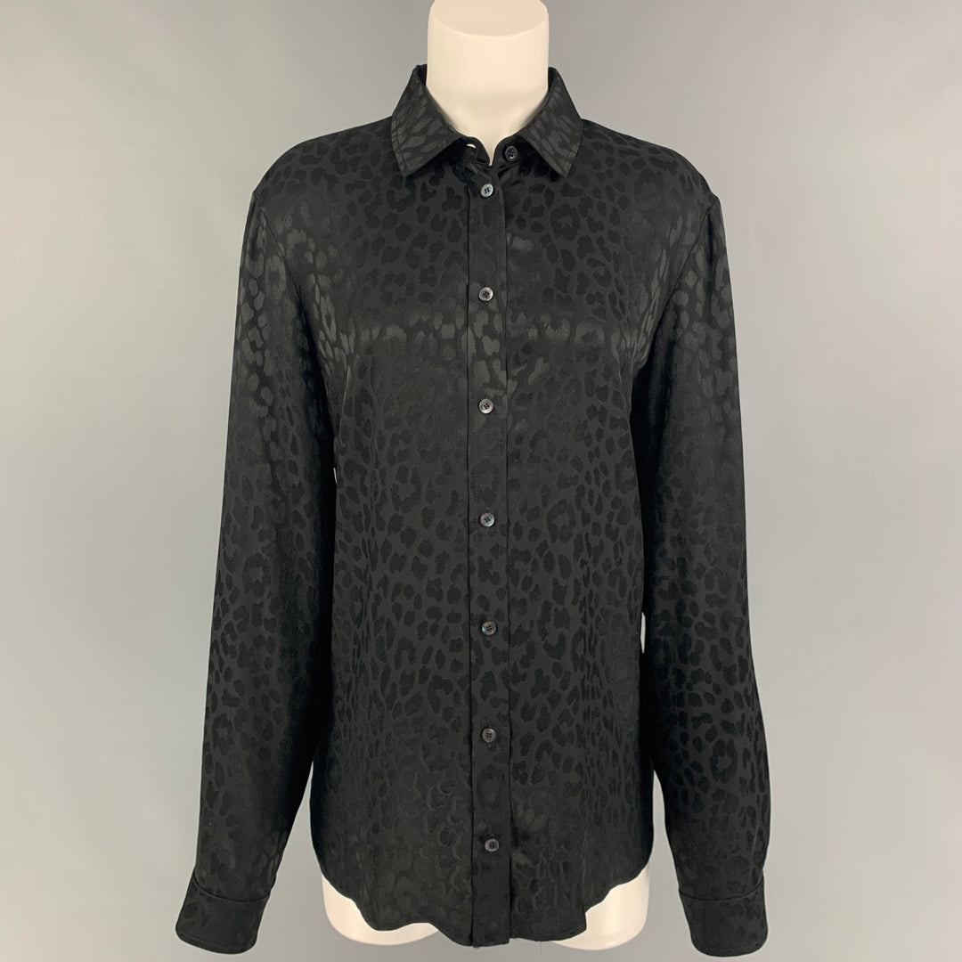 GUCCI Talla S Camisa con botones y estampado animal de seda negra