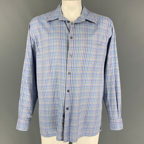 ERMENEGILDO ZEGNA Size XL Blue Multi-Color Checkered Cotton Long Sleeve Shirt