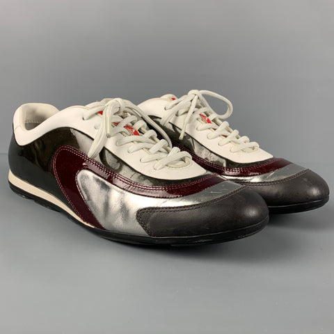 PRADA Taille 7.5 Baskets à lacets bloc de couleur olive blanc argent