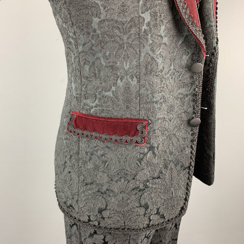 DOLCE & GABBANA 40 Black Brocade & Burgundy Velvet 3pc Suit