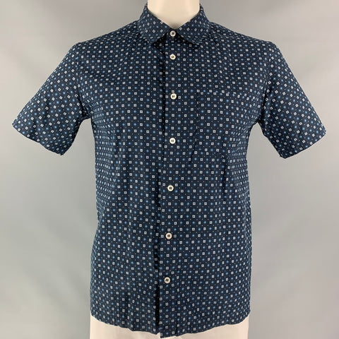 A.P.C. Size XL Navy Blue Geometric Button Down Cotton & Silk Short Sleeve Shirt