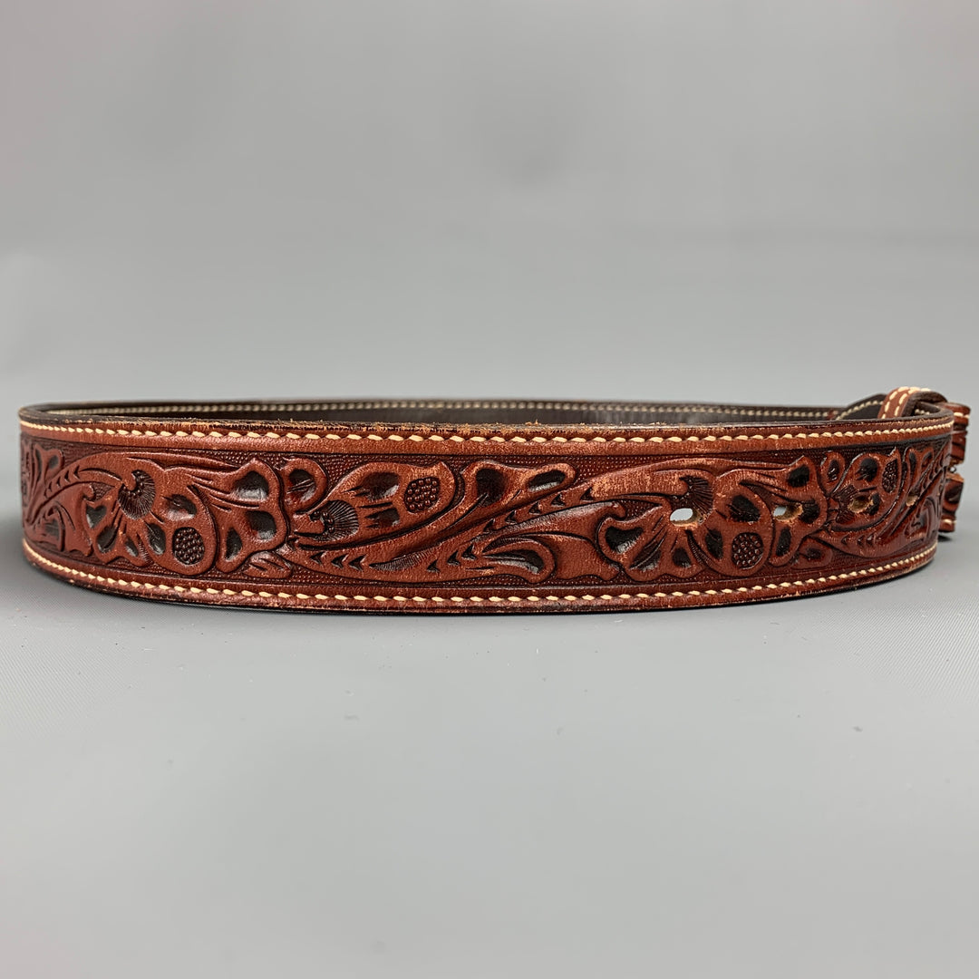 VINTAGE Size 32 Brown Carved Leather Money Belt Strap