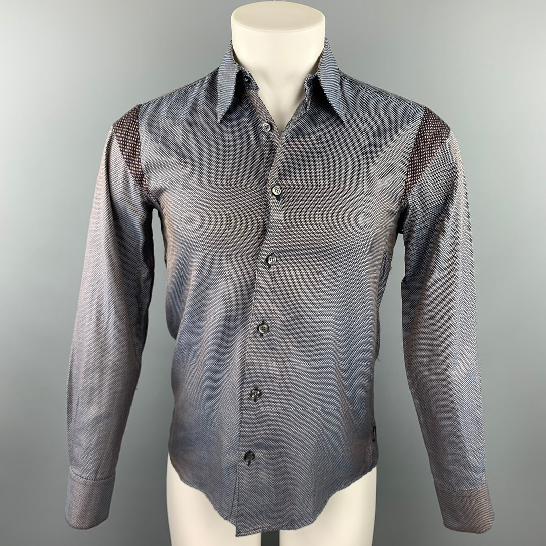 ARMAND BASI Taille S Chemise à manches longues boutonnée en coton texturé bleu et marron