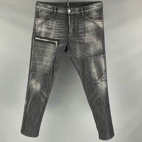 DSQUARED2 Size 34 Grey Distressed Cotton  Elastane Button Fly Jeans