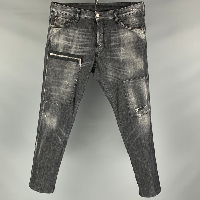 DSQUARED2 Size 34 Grey Distressed Cotton  Elastane Button Fly Jeans