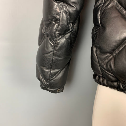 THEORY Size M Black Quilted Lamb Skin Leather Zip Up Hooded Jacket
