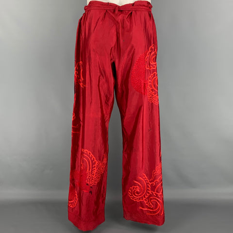 GUCCI by TOM FORD 2001 XL Red Dragon Embroidered Silk Wide Leg Karate Pants
