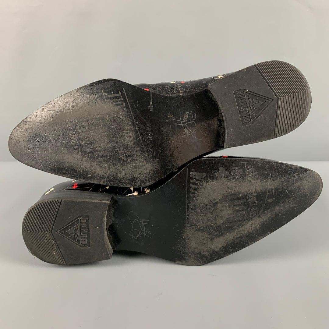 JOHN FLUEVOG Size 8 Black White Floral Patent Leather Lace Up Shoes