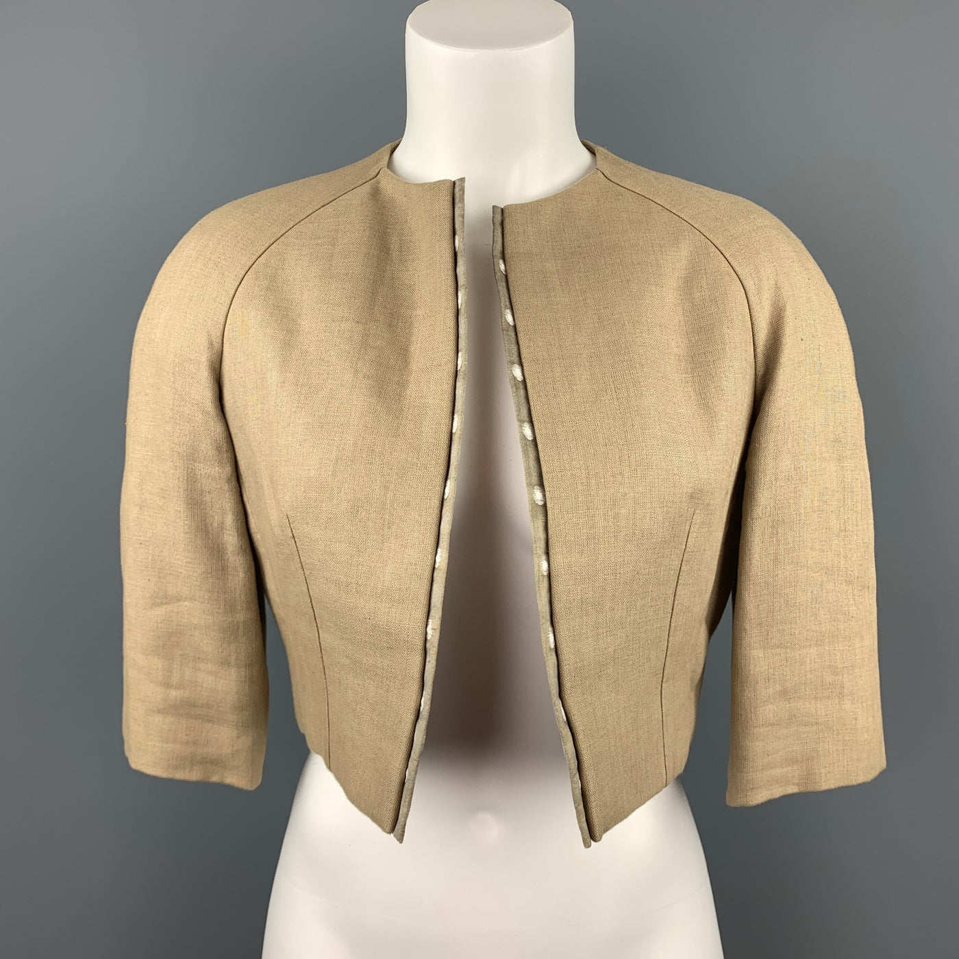 BILL BLASS for SAKS FIFTH AVENUE Size 6 Beige Textured Cropped Open Front Jacket