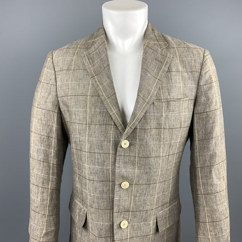 LORO PIANA Size 38 Taupe Window Pane Linen Notch Lapel Sport Coat